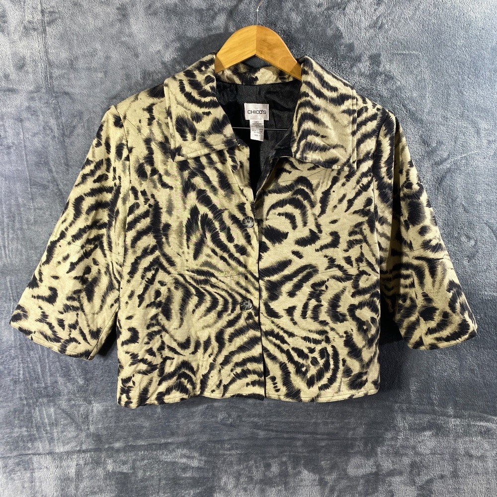 Chicos Blazer Jacket Womens 1 Beige Black Tiger Striped Stretch Rayon Soft Party